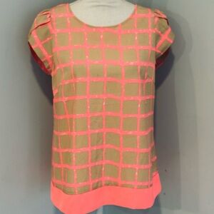 Chic Tan and Pink Grid Pattern Blouse